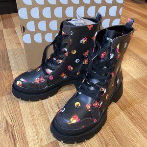 Desigual Floral Lace-up Combat Boots Black Size 6.5 Womens Flowers Ankle chunky